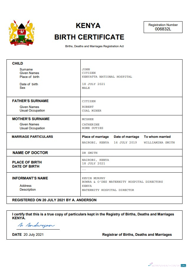 Download Kenya vital record birth certificate Word and PDF template Photoshop template